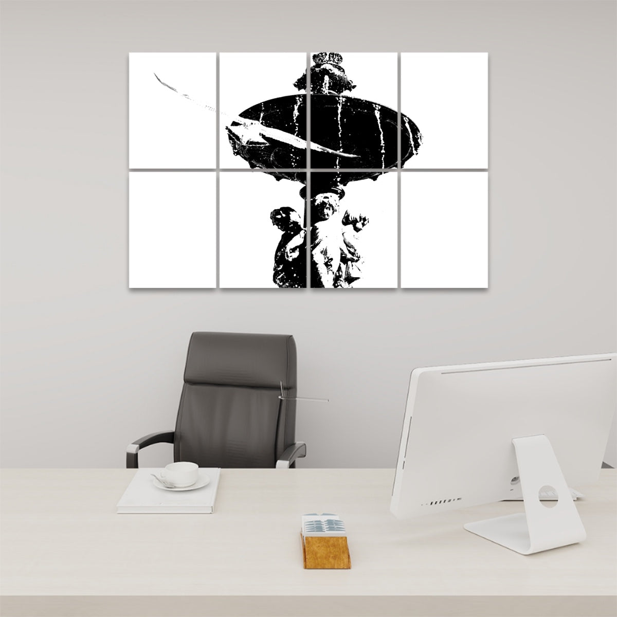 Black and white version of decorative acoustic panels featuring a mid-flight seagull, Lisbon fountain statues, and dramatic water spray.