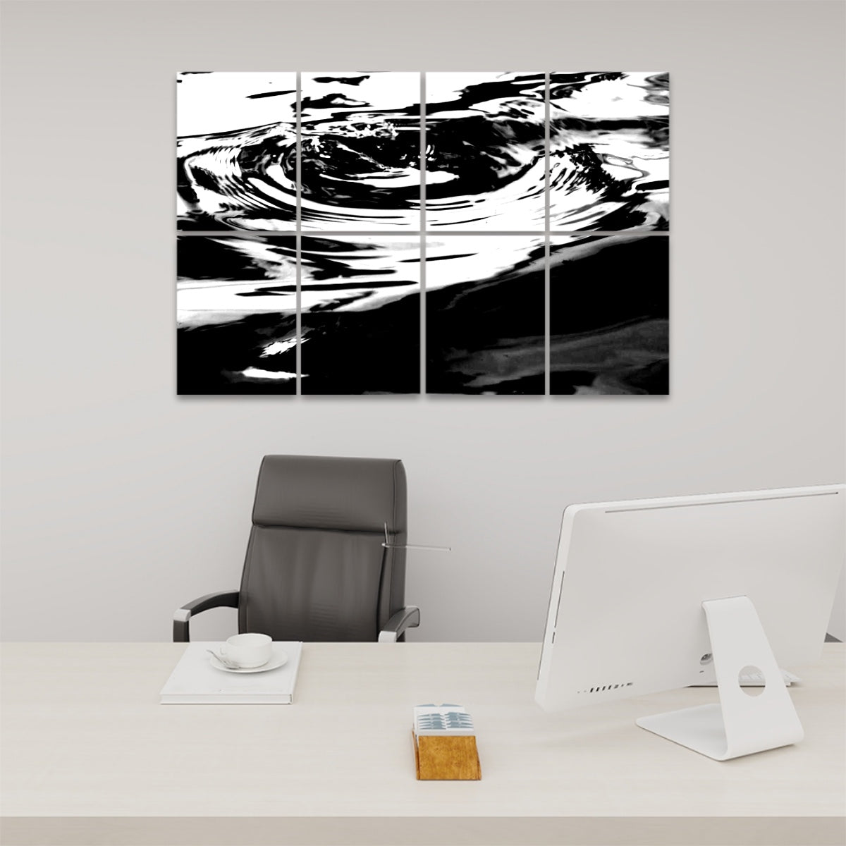 Monochrome abstract of rippling water printed across 8 acoustic wall panels, offering high contrast and modern minimalism.