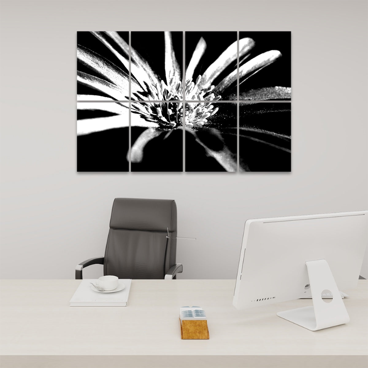 Black and white version of 8 acoustic wall panels showing a detailed front view of a close-up anemone flower with deep contrast.