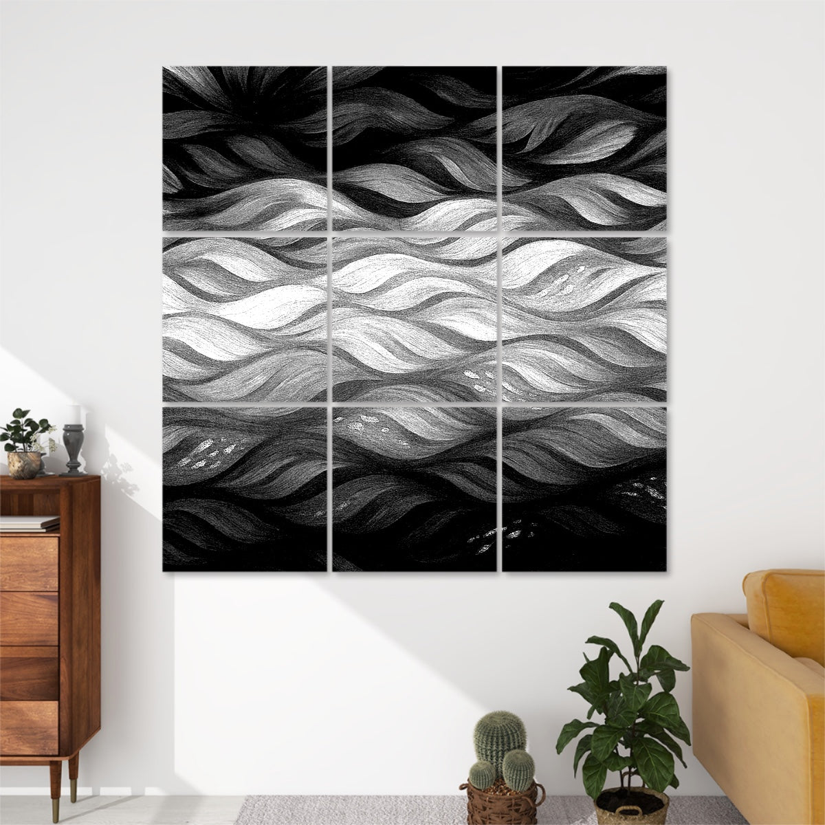 Nine high-contrast panels in charcoal and ivory ribbons, mounted in a 3×3 grid on a white wall