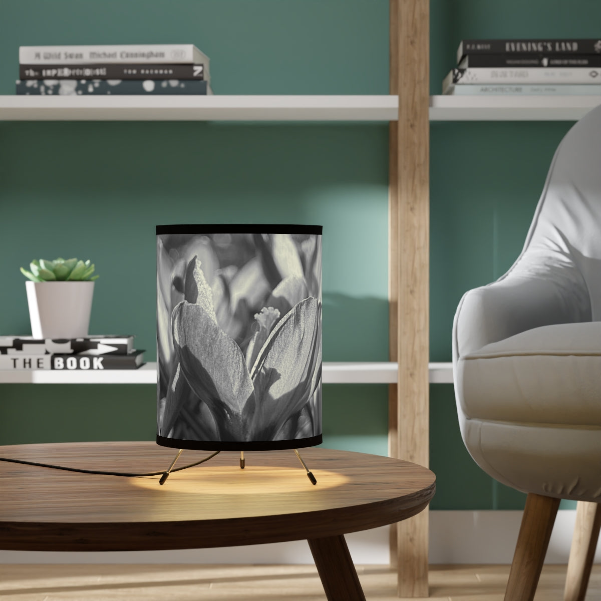 black and white floral table lamp featuring crocus, size: 7''x11''