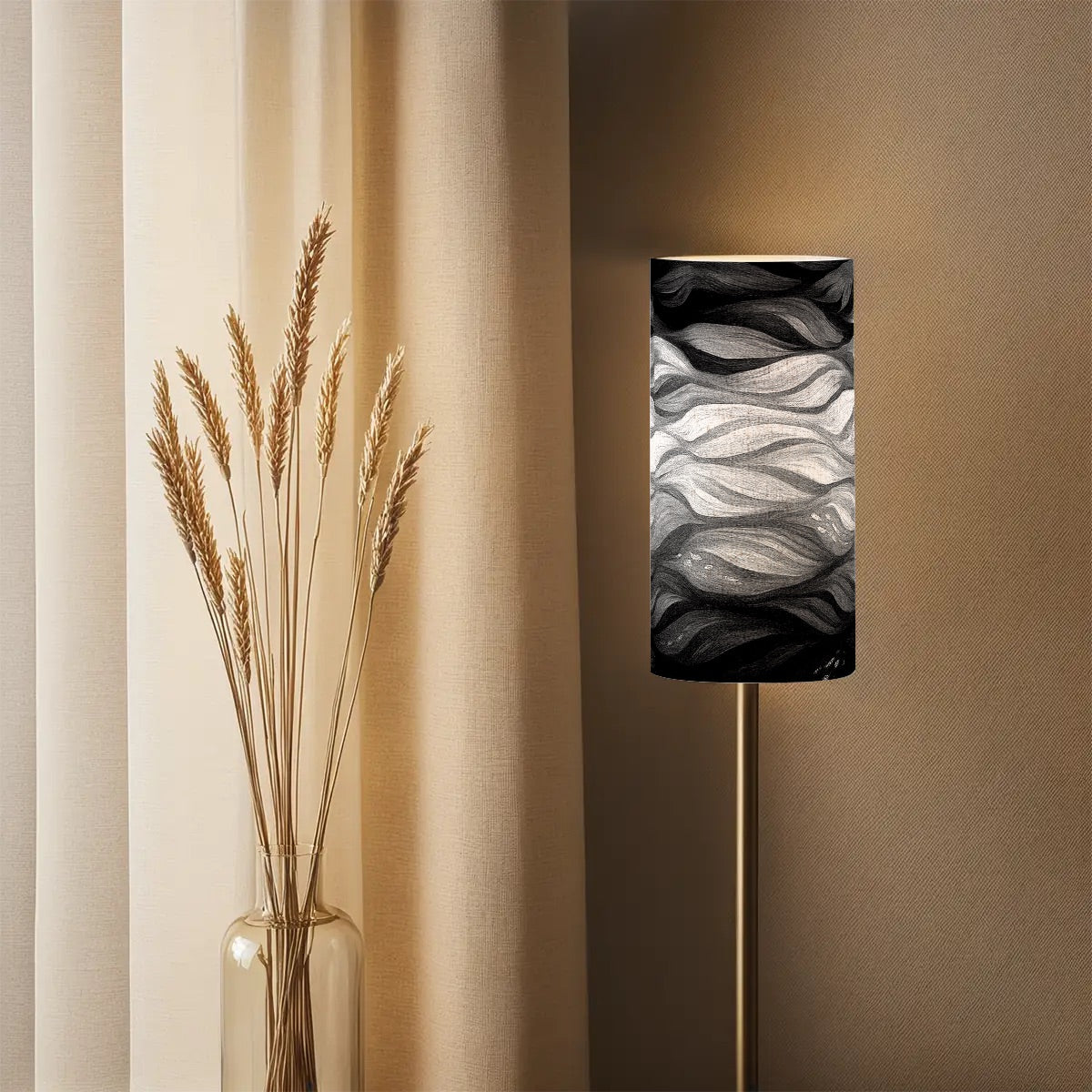 Tall cylindrical linen shade with purple and gold currents, mounted on a slender lamp base.