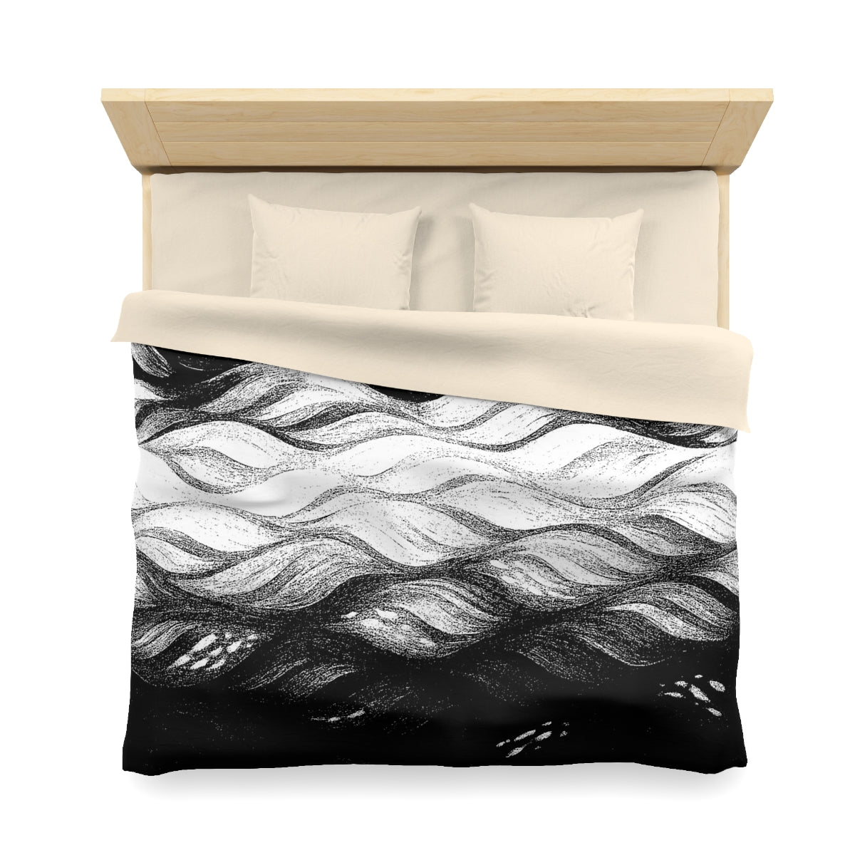 King size duvet cover in Black and White with cream lining, featuring hand-drawn style waves in detailed monochrome