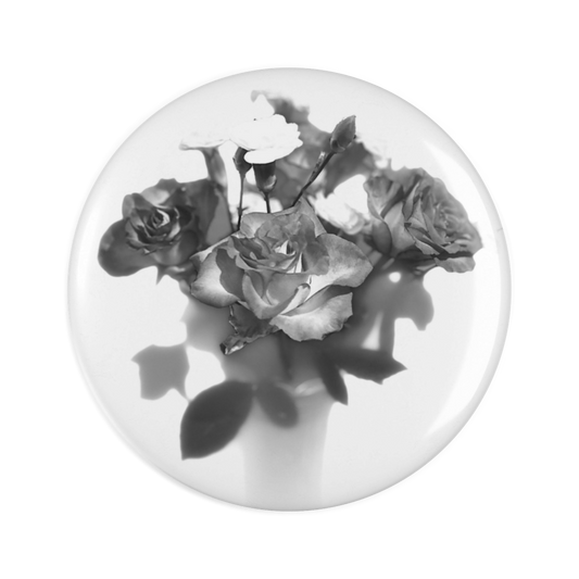 round floral fridge magnet featuring black and white photo of roses size: 2.25'' 5.7cm