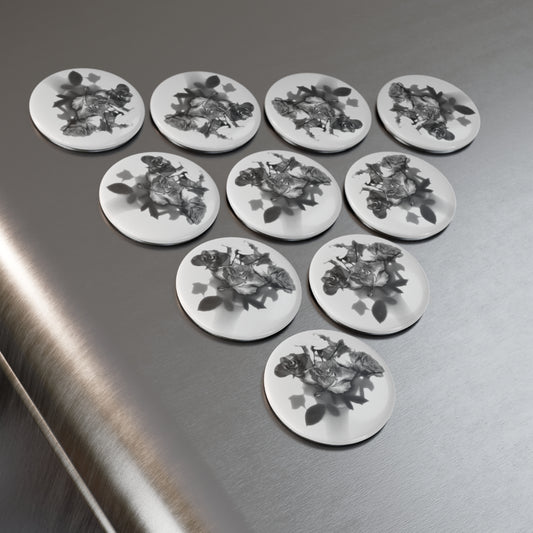 10 round floral fridge magnets featuring black and white photo of roses size of each: 2,25'' 5,7cm