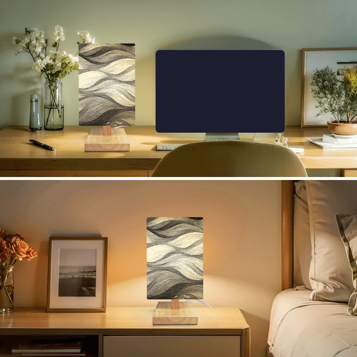 Square table lamp with a black-and-white linen shade of flowing undulations and gilded accents on a wood base