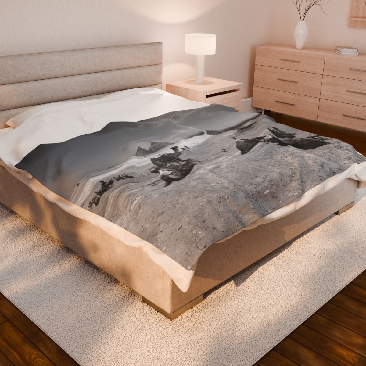 black and white throw blanket featuring camels, Deseret, and Pyramids of Giza
