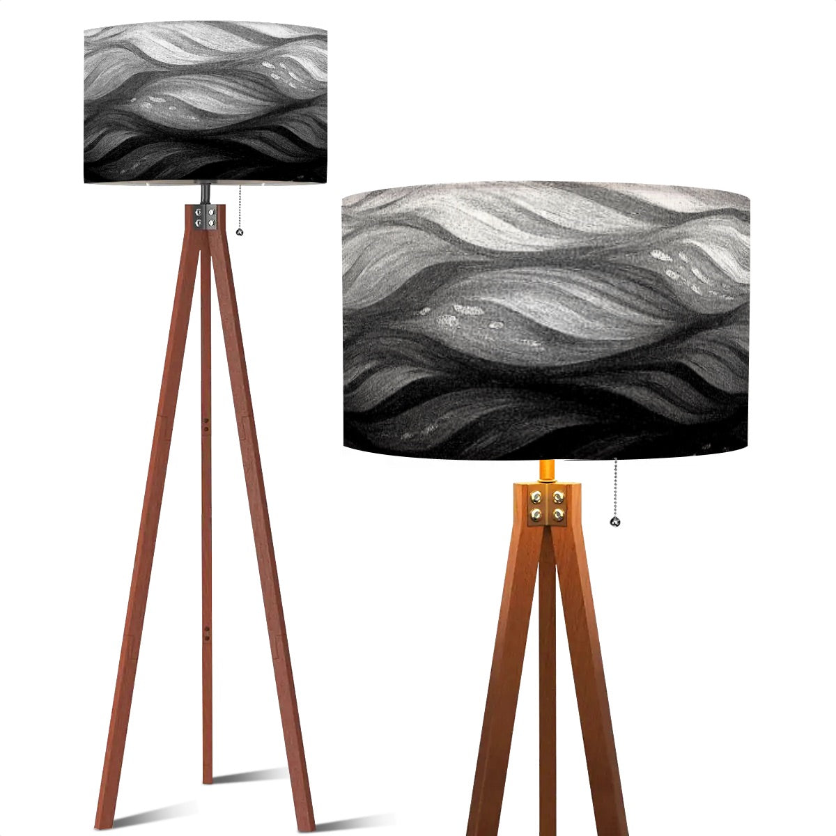 Tripod floor lamp with linen shade showing high-contrast black and white wave patterns, mounted on a rich wooden tripod.