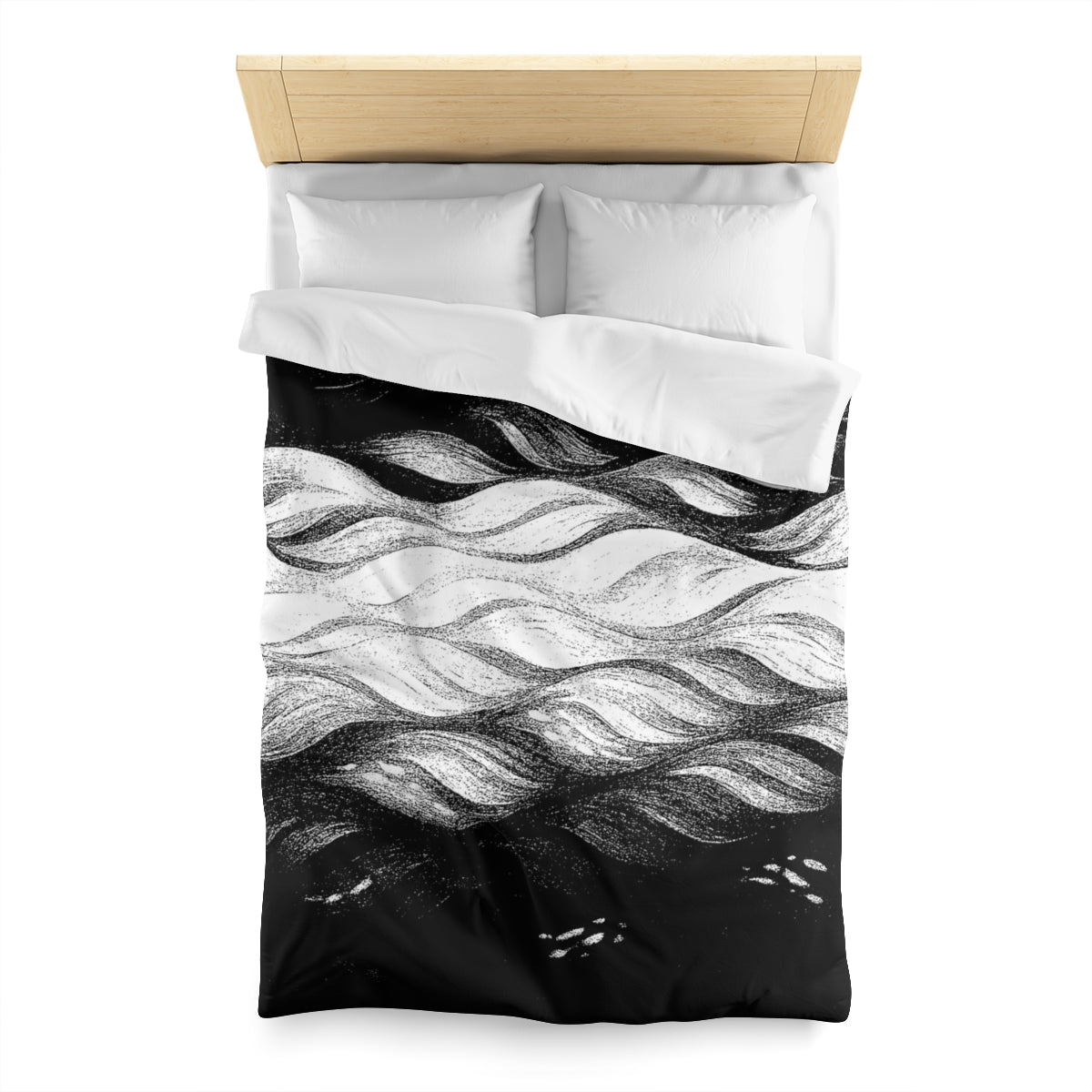 Twin size duvet cover in Black and White with white lining, illustrating monochrome movement with soft wave textures