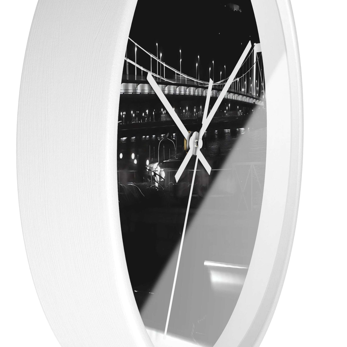 black and white wall clock featuring Budapest by night, bridge over Danube river, and Citadel, base: black: white, handles: white, size: 10''