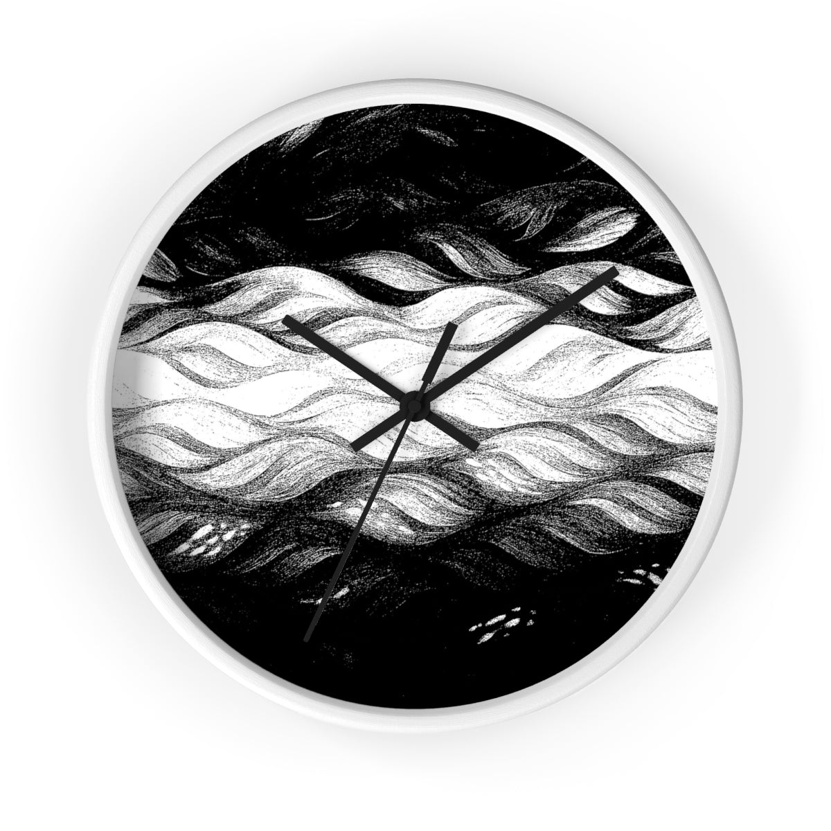 Round wooden wall clock with a painted white frame, black hour/minute/second hands, and a plexiglass face displaying a high-contrast black-and-white wave pattern