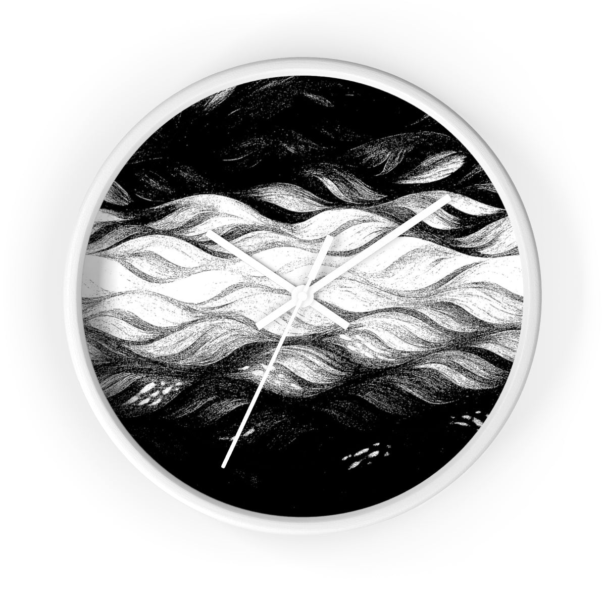 Round wooden clock with a painted white frame, white hour/minute/second hands, and a plexiglass face printed in bold black-and-white wave forms