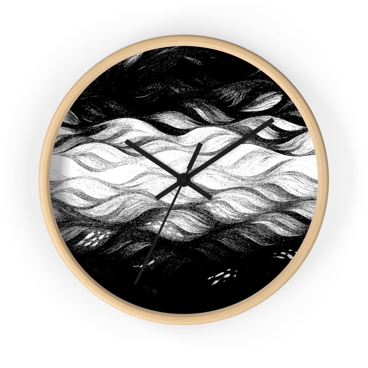 Round wooden wall clock in a natural light wood frame, black hour/minute/second hands, and a plexiglass face featuring a stark black-and-white undulating wave illustration