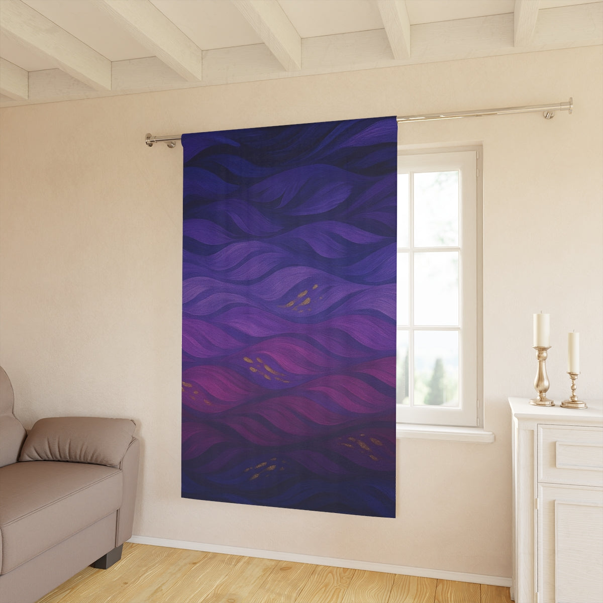 Richly colored blackout curtain with deep violet and indigo waves, highlighted by golden specks, displayed in a warm daylight interior—50″ × 84″.