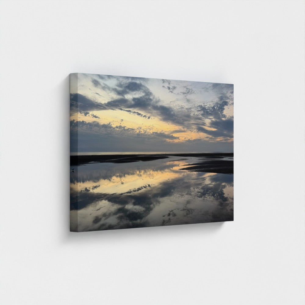 Eco-Friendly Canvas featuring Beach Sunset in Blackpool. Stretched gallery wrap wall art with reflective shore and clouds