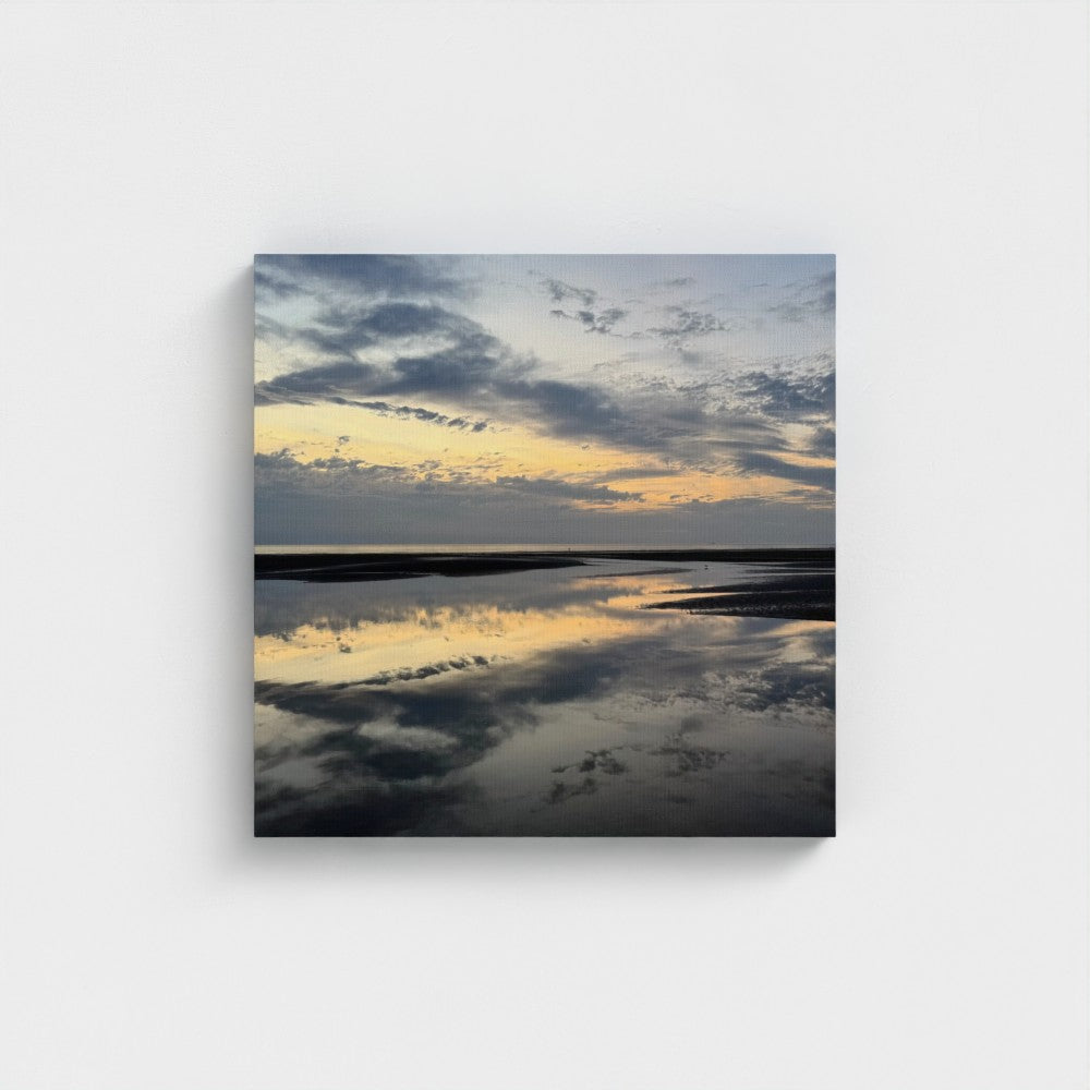 Eco-Friendly Canvas featuring Beach Sunset in Blackpool. Square print showing sunset sky and reflection on wet sand