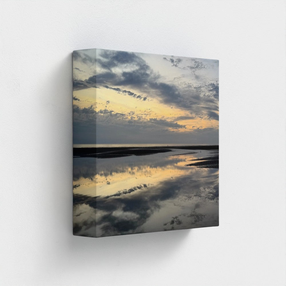 Eco-Friendly Canvas featuring Beach Sunset in Blackpool. Square wall art of reflective tidal pools and cloudy sunset sky