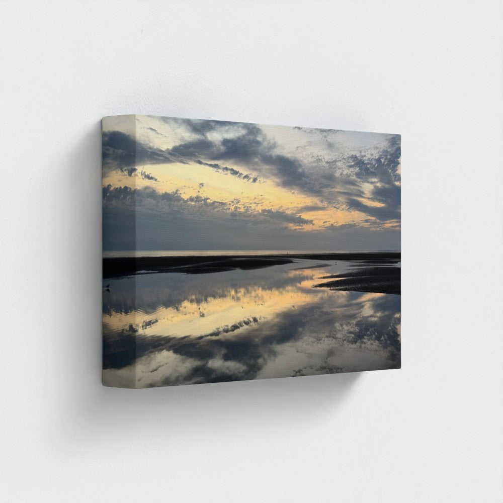 Eco-Friendly Canvas featuring Beach Sunset in Blackpool. Papis Canvas print of tidal pools reflecting cloudy sky at dusk