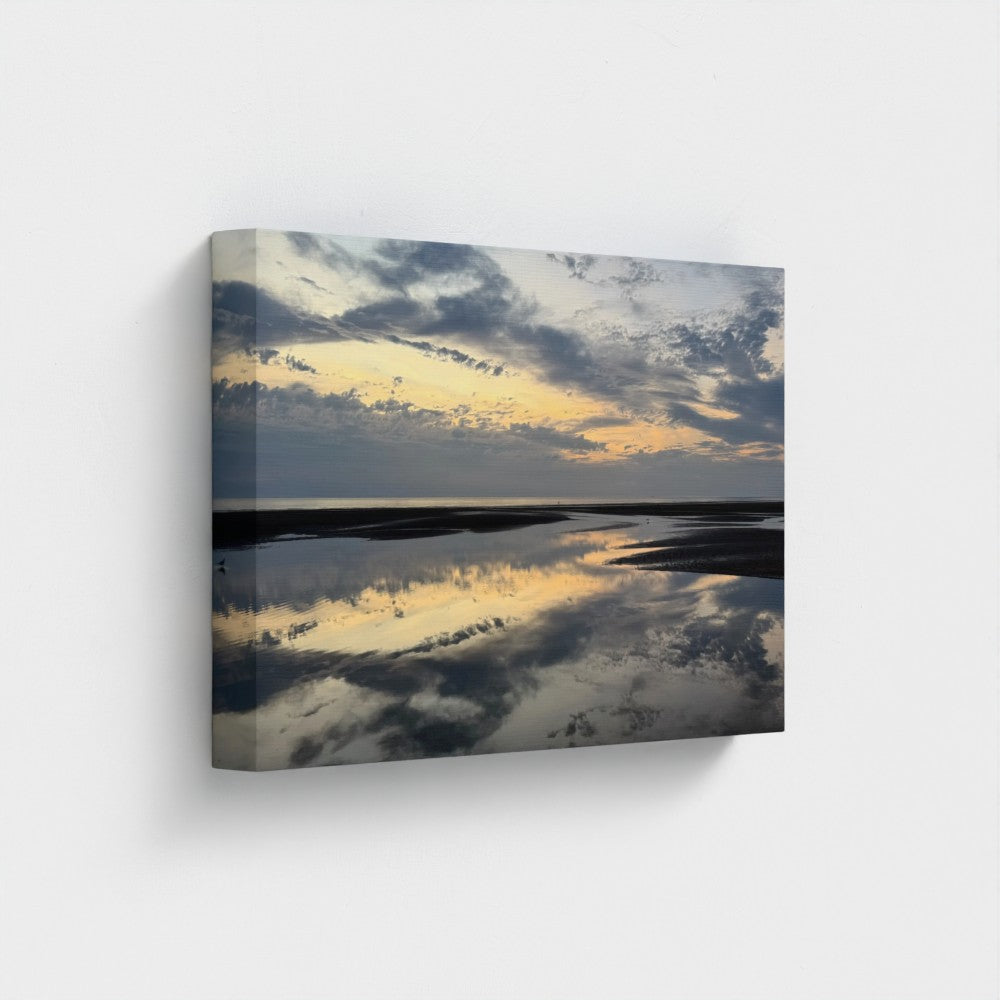 Eco-Friendly Canvas featuring Beach Sunset in Blackpool. Papis Canvas print of reflective shoreline and cloudy dusk sky
