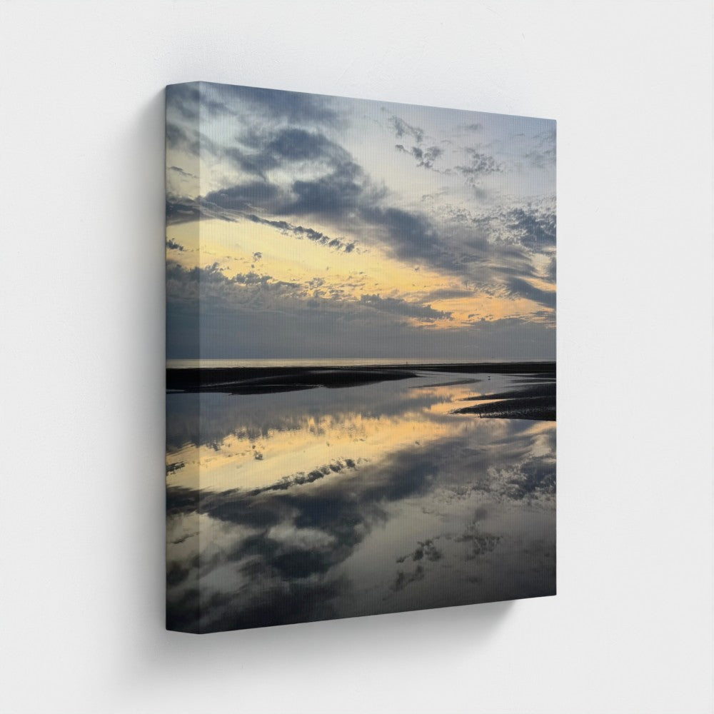 Eco-Friendly Canvas featuring Beach Sunset in Blackpool. Wall art showing reflective tidal pools wet sand and muted golden sky