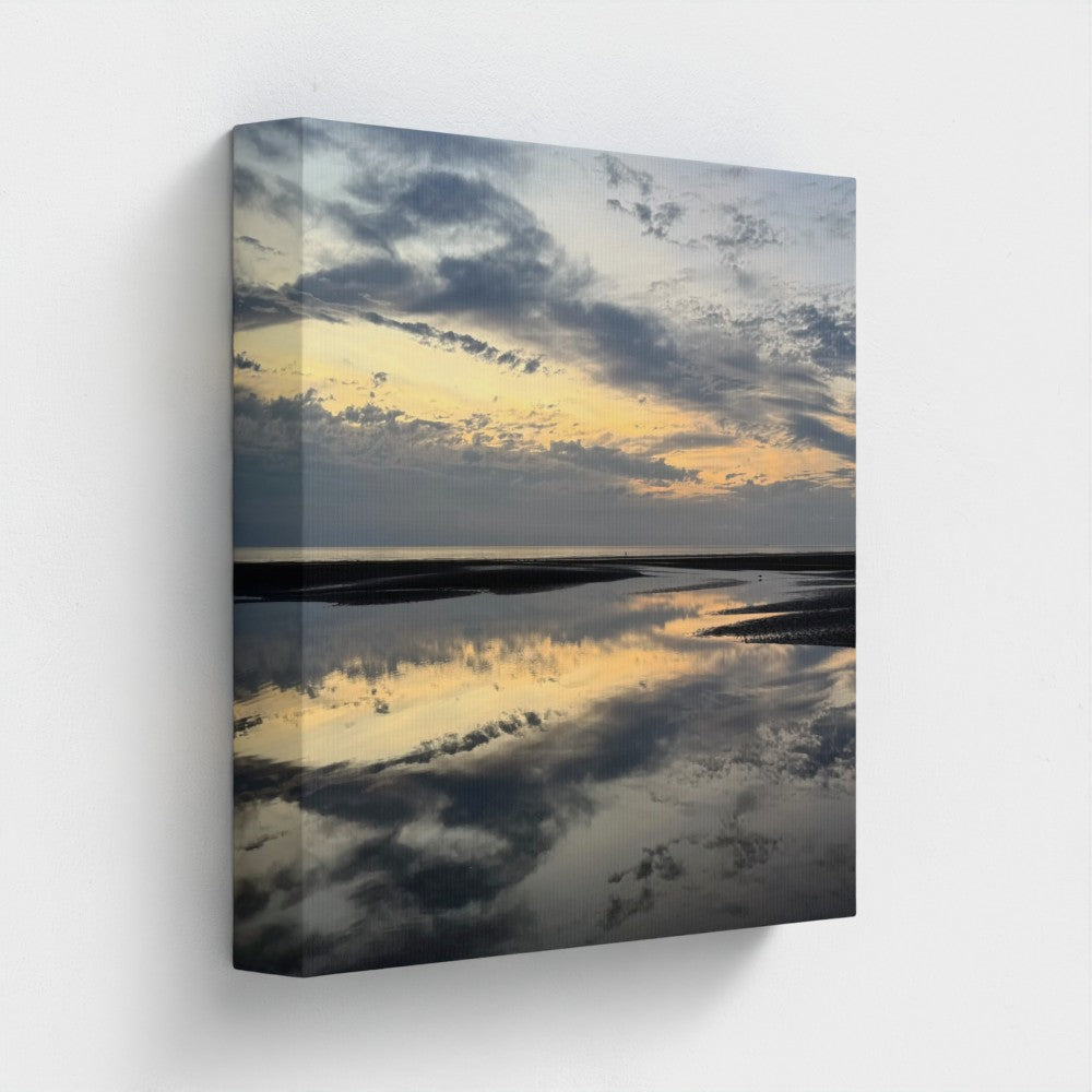 Eco-Friendly Canvas featuring Beach Sunset in Blackpool. showing a reflective shoreline at dusk on gallery-wrapped canvas