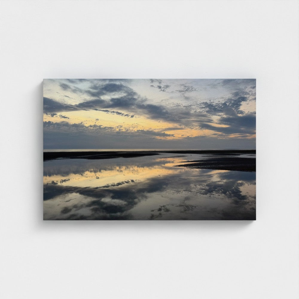 Eco-Friendly Canvas featuring Beach Sunset in Blackpool. Papis Canvas wall art with mirrored sea and cloudy golden sky
