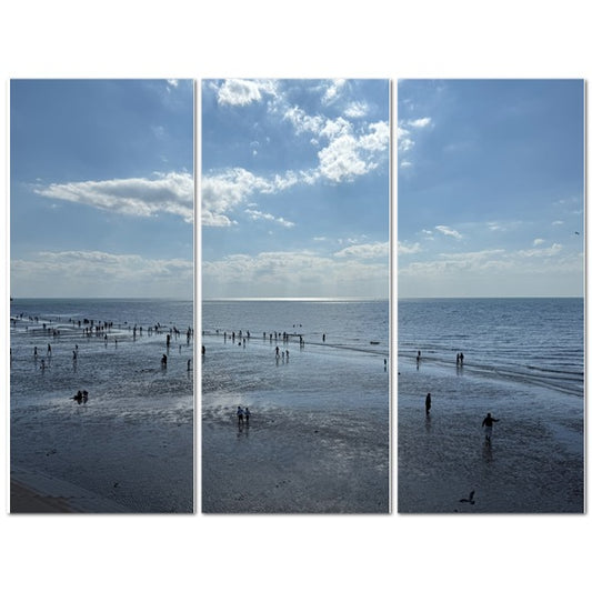 Made in UK Triptych Canvas featuring Beach in Shadow with Sunlight on the Horizon. Three panel beach low tide silhouettes