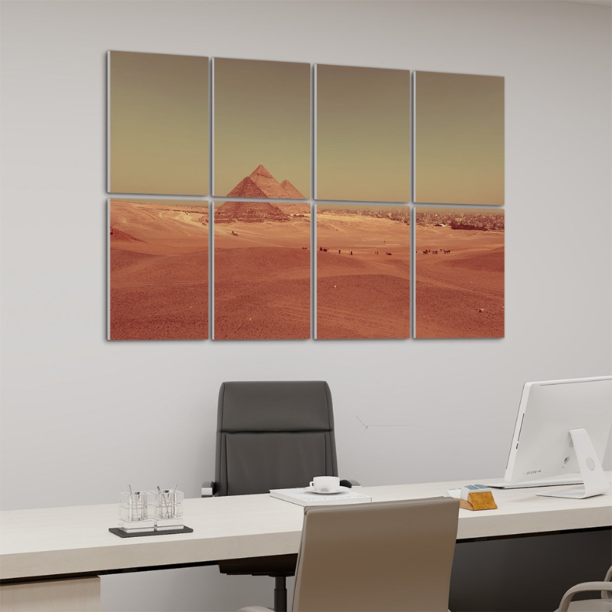Left-angle view of Distant Pyramids wall panels in brownie tones, emphasizing deep shadows and earthy desert warmth.