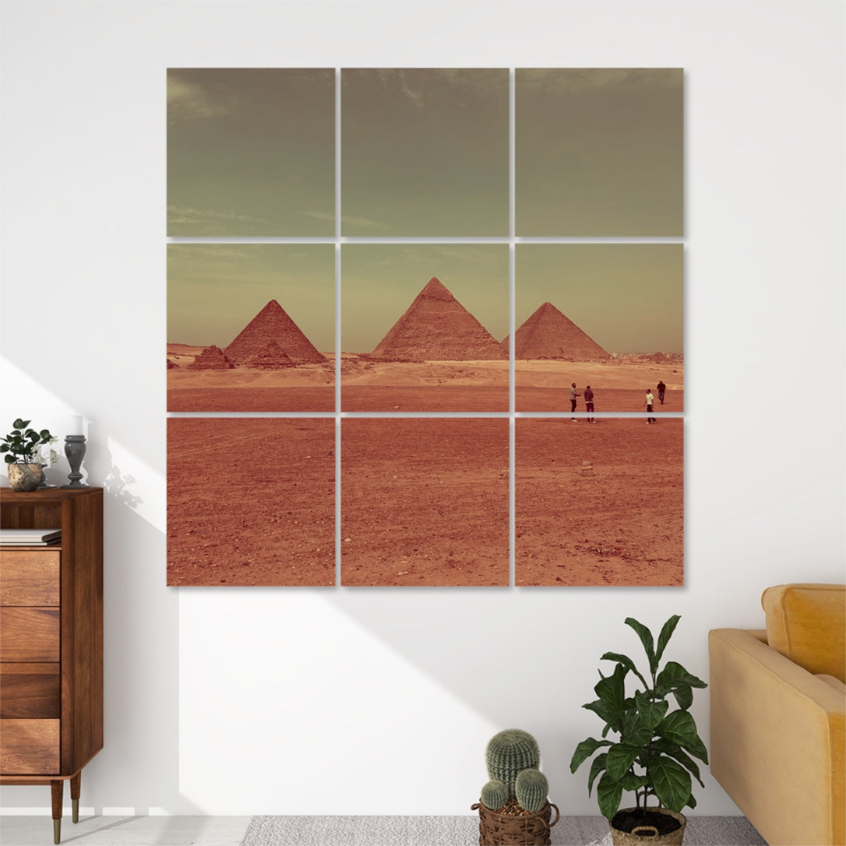 Brownie-toned decorative sound panel set with warm tones of Pyramids of Giza and desert scene