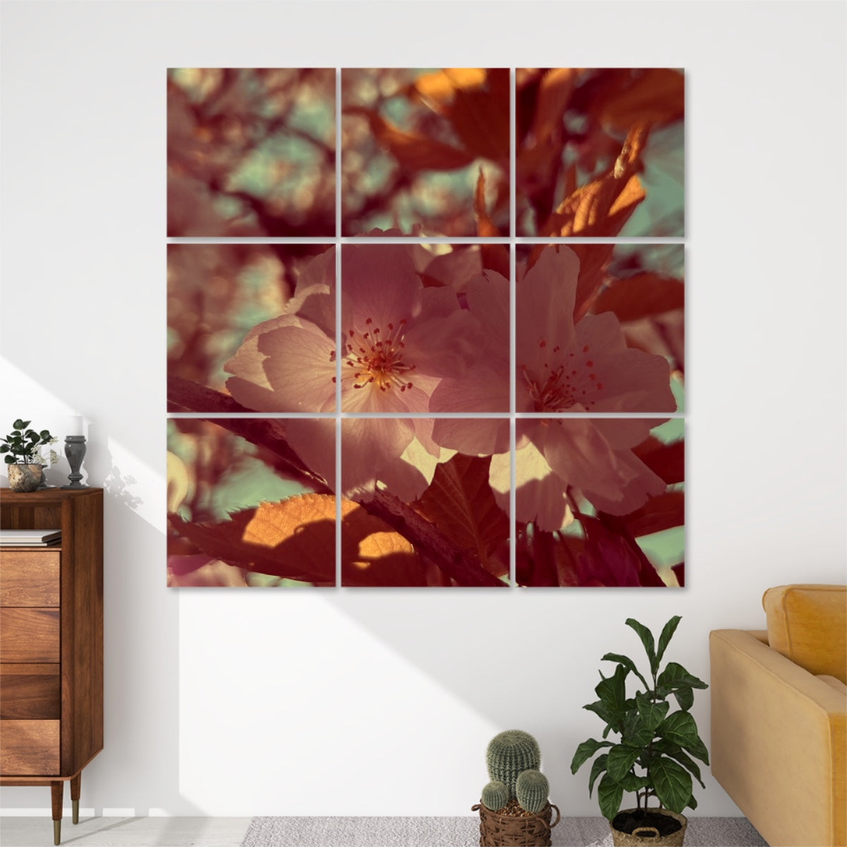 Brownie variant of cherry blossoms featuring deep warm tones and rich texture, displayed over 9 decorative sound absorbing panels.