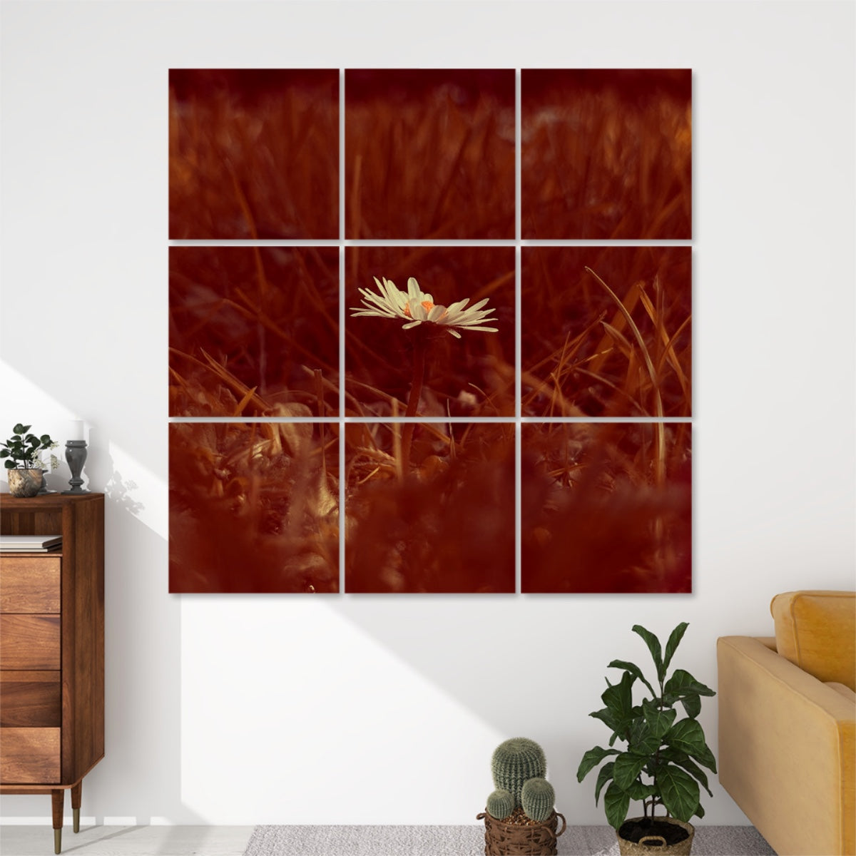 Warm-toned brownie variant of a single daisy in grass, with rich shadows and earthy texture displayed over 9 sound absorbing panels.