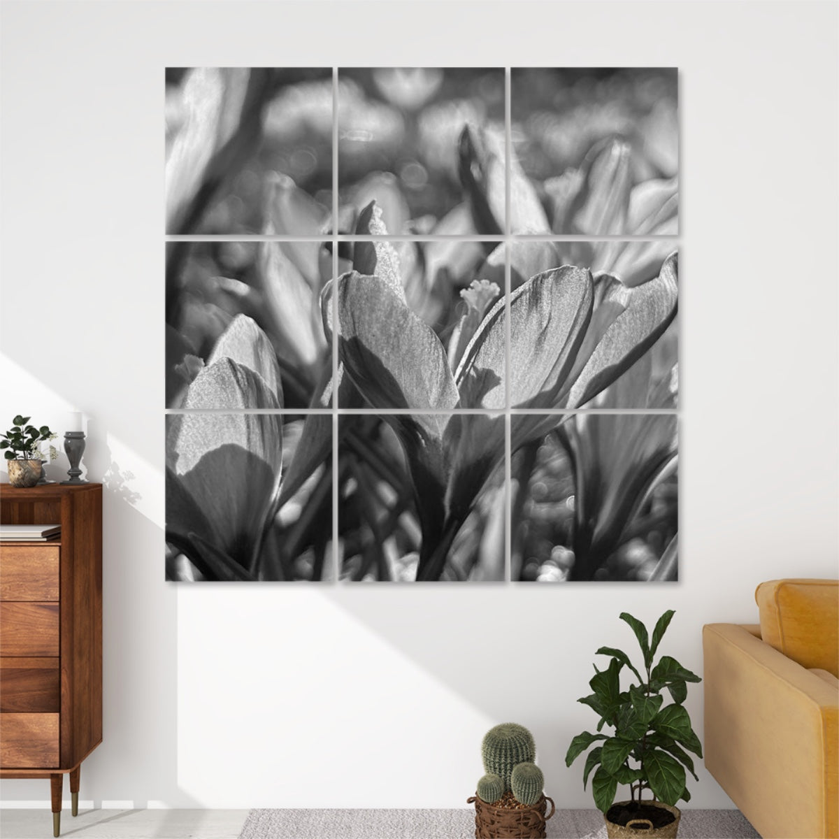Greyscale 9-panel acoustic wall art of purple crocuses, with soft tonal variation and subtle detail across a spring flower scene.