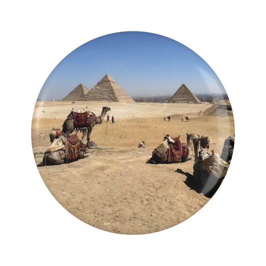 fridge magnet featuring camela desert and pyramids of giza size: 2.25'' 5.7cm
