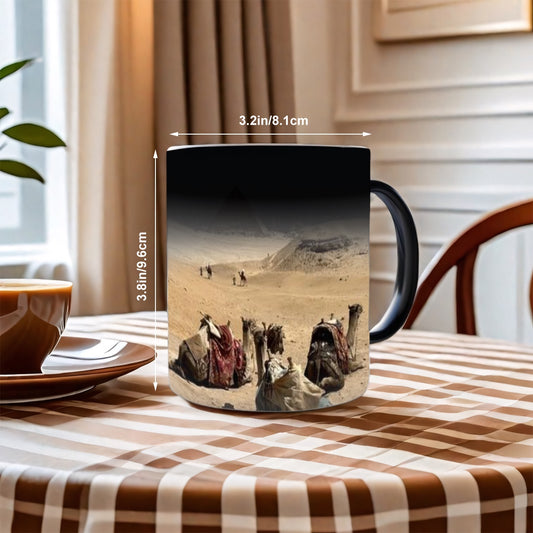 magic mug featuring desert camels and pyramids of giza size: 11oz
