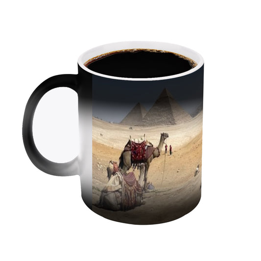 magic mug featuring desert camels and pyramids of giza size: 11oz