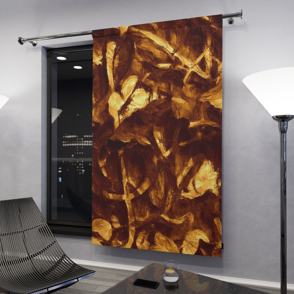 Golden-toned blackout curtain with clef in an evening interior, rich amber and brown foliage textures reflecting soft indoor lighting