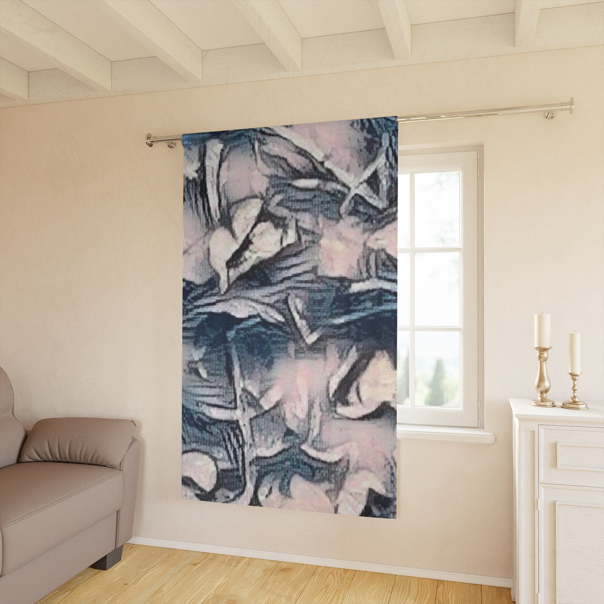 Slate Lace blackout curtain with clef softly filtering daylight in a neutral-toned room, subtle rose and grey hues blending into the space with ease