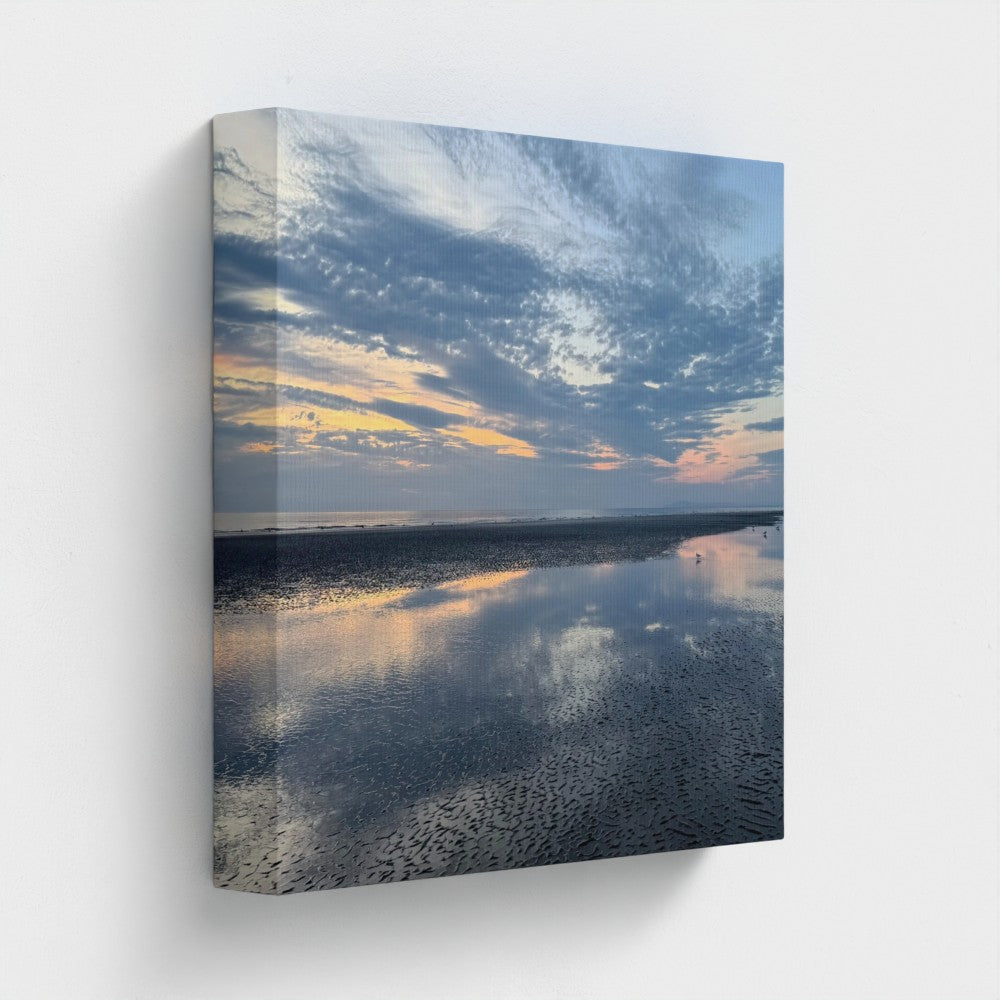 Canvas print Eco-Friendly Canvas featuring Blackpool Beach Sunset X Reflection. with sky colors mirrored on wet sand
