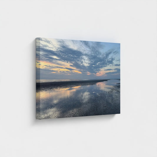 Eco-Friendly Canvas featuring Blackpool Beach Sunset X Reflection. Papi's Canvas wall art showing sunset sky and mirrored wet sand