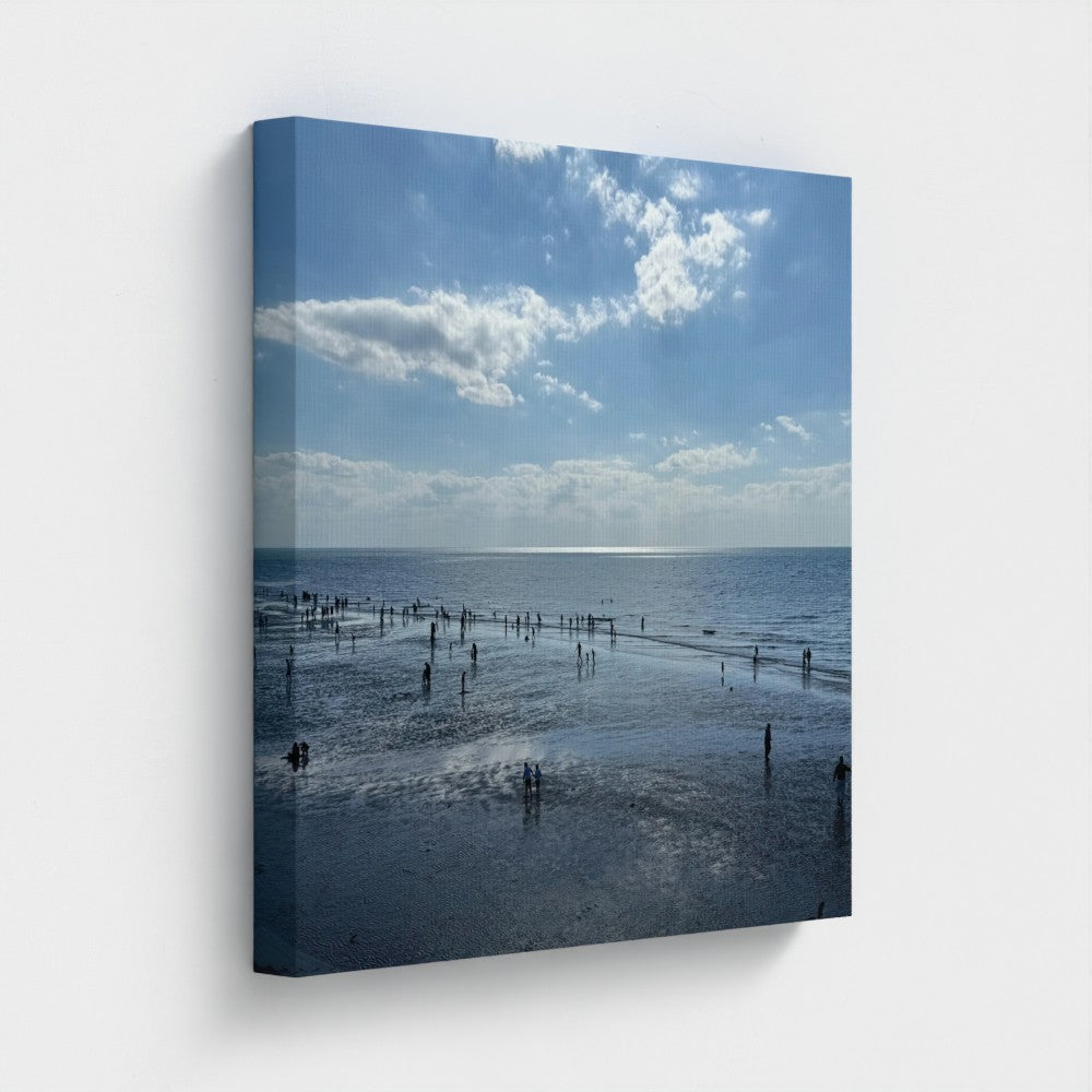 Made in UK Ec0-Friendly Canvas with Beach in Shadow and Sunlight on the Horizon. Papi's Canvas print of low tide beach silhouettes