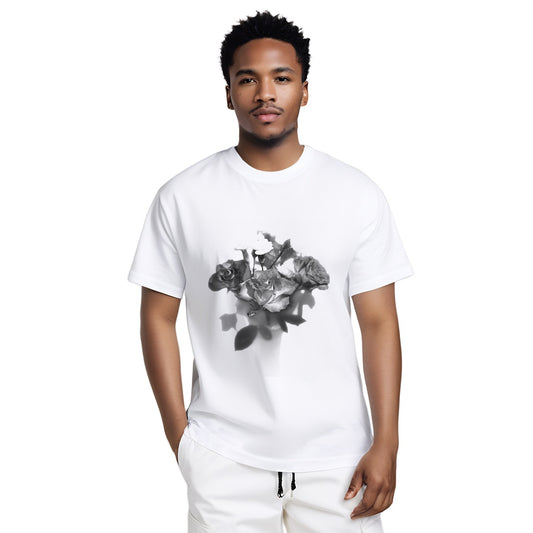 floral gildan 5000 cotton heavy t-shirt featuring black and white roses