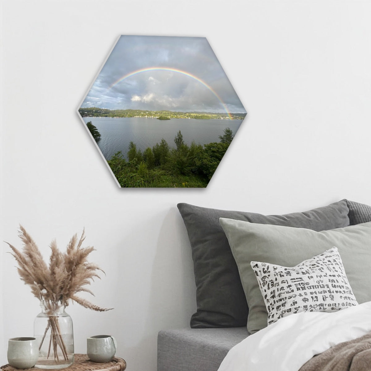 Papis Canvas Countryside Lake Rainbow Single Hexagon Decorative Sound Absorbing Panel hung above sofa as decorative wall acoustic art