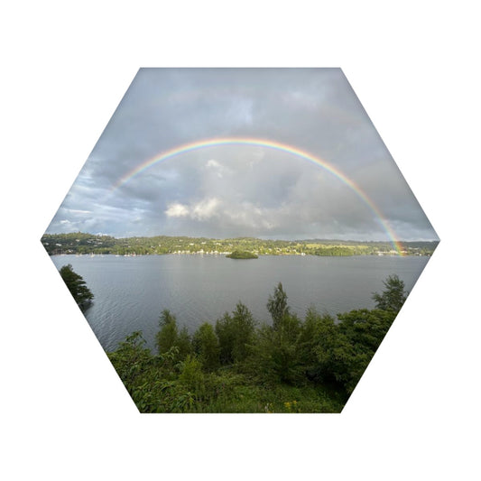 Papis Canvas table lamp Countryside Lake Rainbow Single Hexagon Decorative Sound Absorbing Panel with lake and rainbow