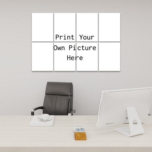 Custom Image Sound Panels displayed as eight white print your own picture panels above office desk with monitor and leather chair