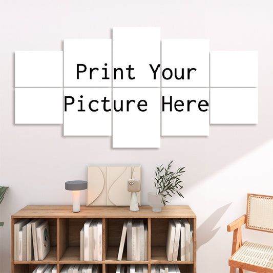 Custom Photo Sound Absorbing Wall Panels mockup 10 panel gallery display above wooden console with books and lamp