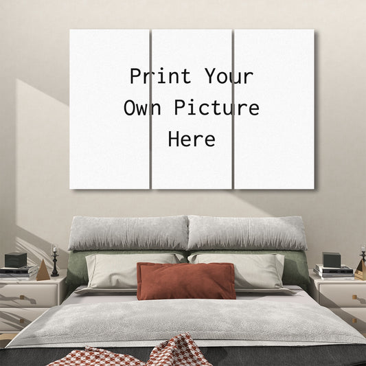 Papis Canvas triptych Custom Wall Art Sound Panels above bed in modern bedroom showing blank mockup