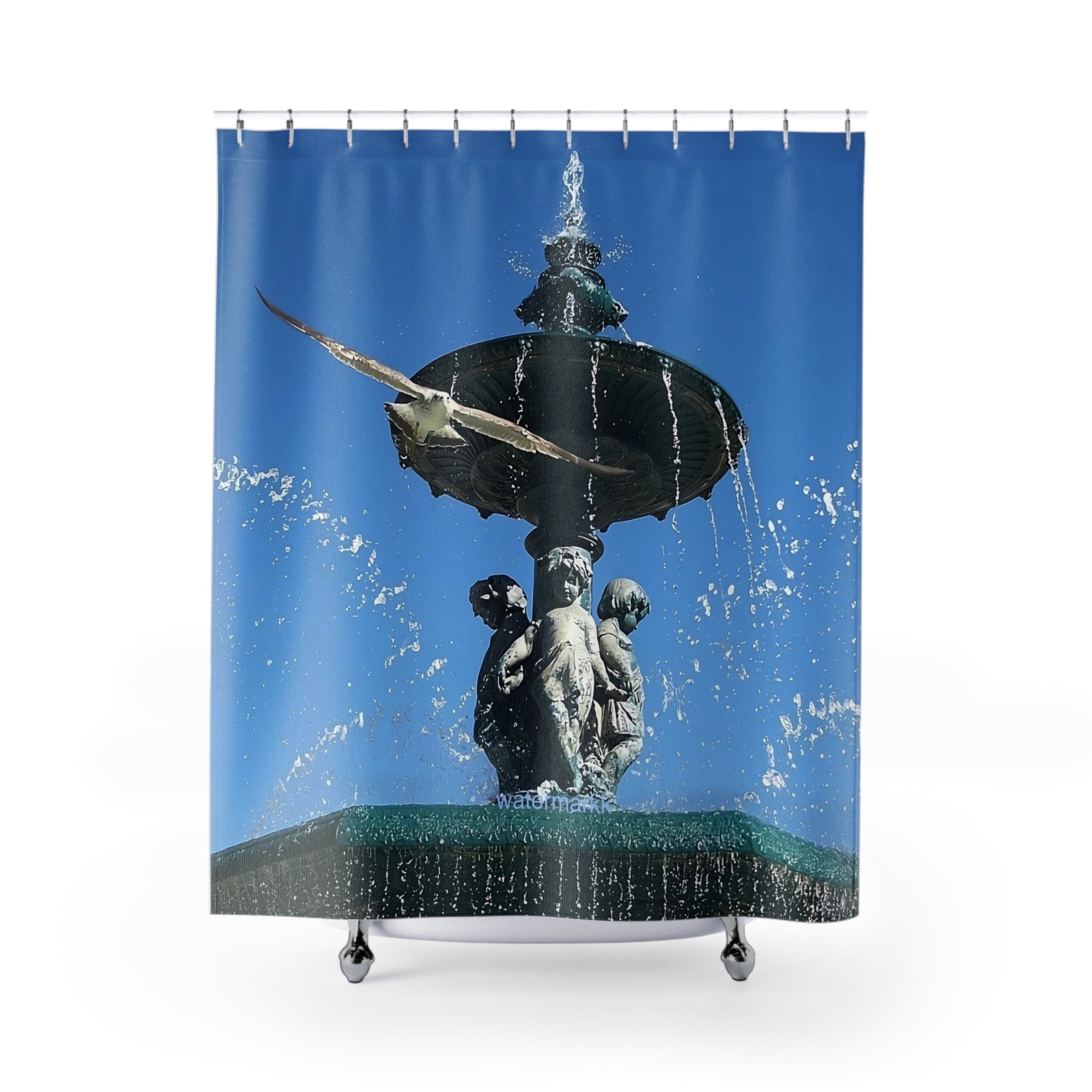 Designer shower curtain featuring seagull from Lisbon in flight with fountain in background, size 71’’x74’’