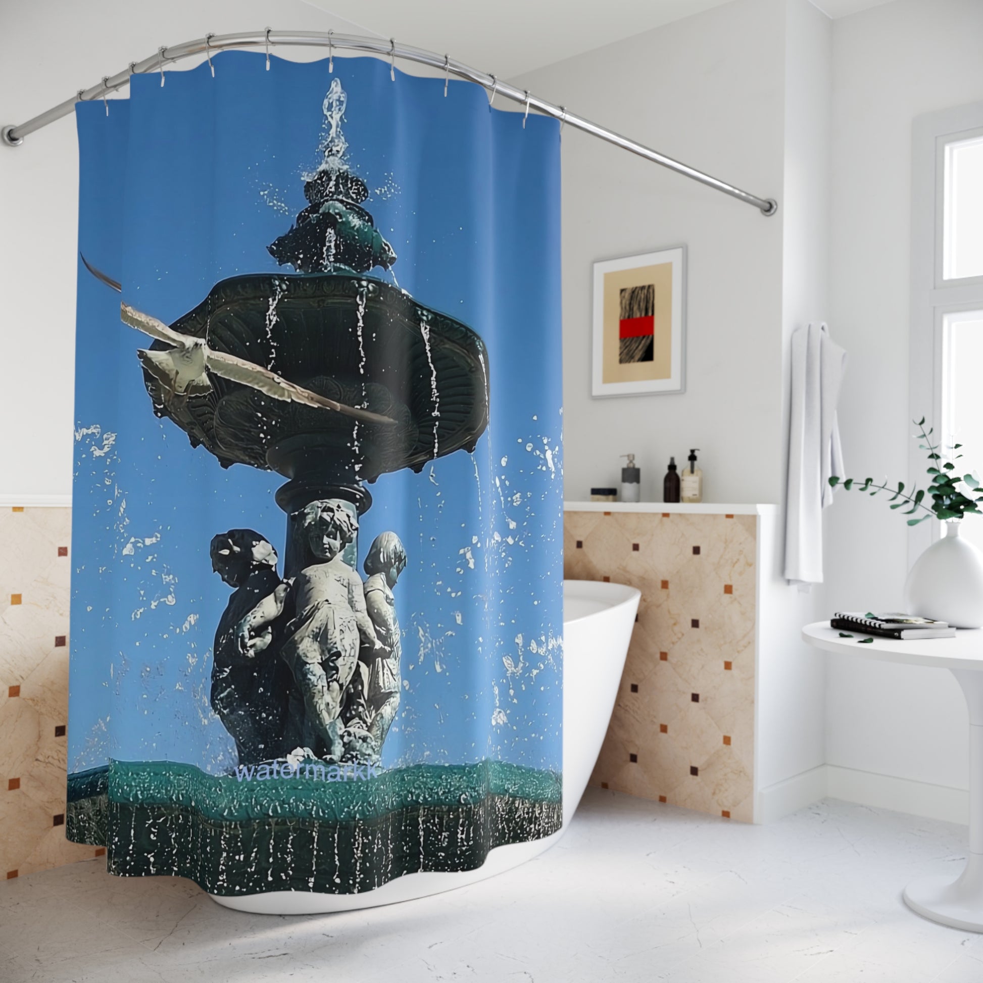 Designer shower curtain featuring seagull from Lisbon in flight with fountain in background, size 71’’x74’’