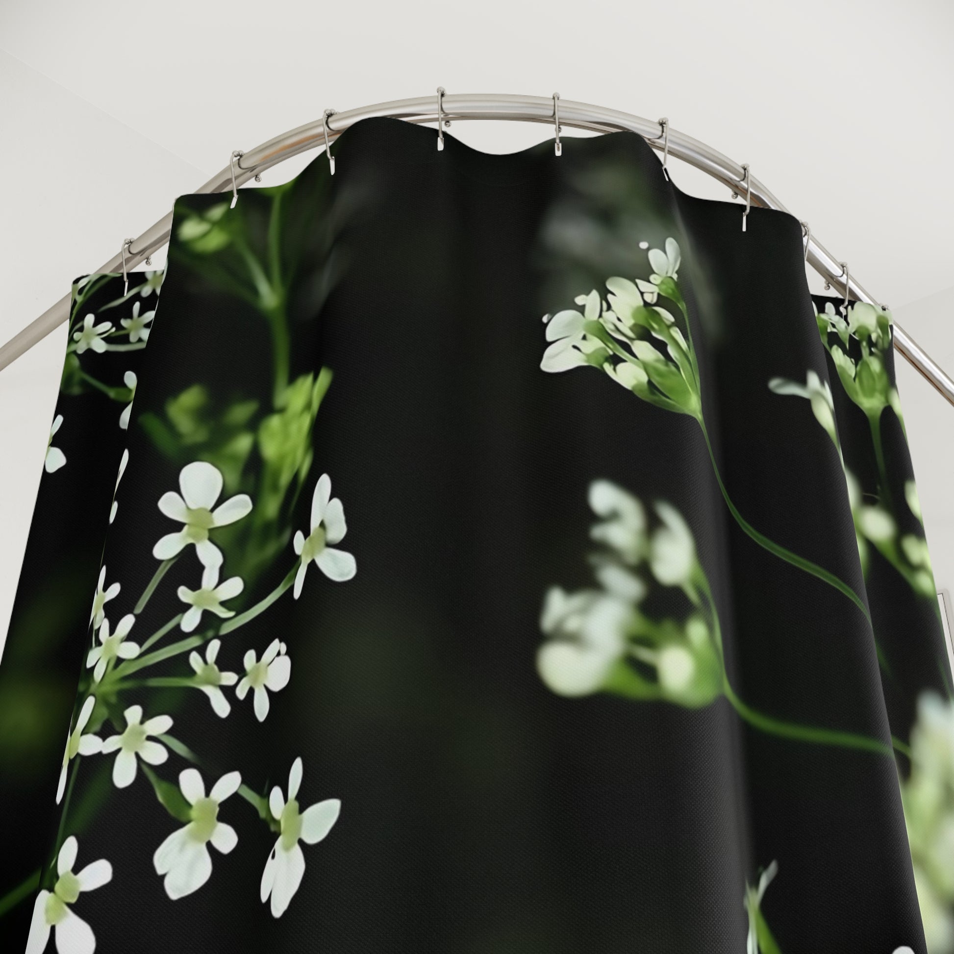 Designer floral shower curtain with white little flowers and black and green background, size: 71’’x74’’