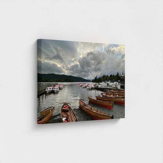 Eco canvas wall art Windermere by Papi's Canvas with vie on lake, boats and cloudy sky